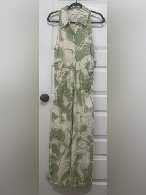 London Times Sage & Cream Linen Blend Collared Maxi Dress - Size 12